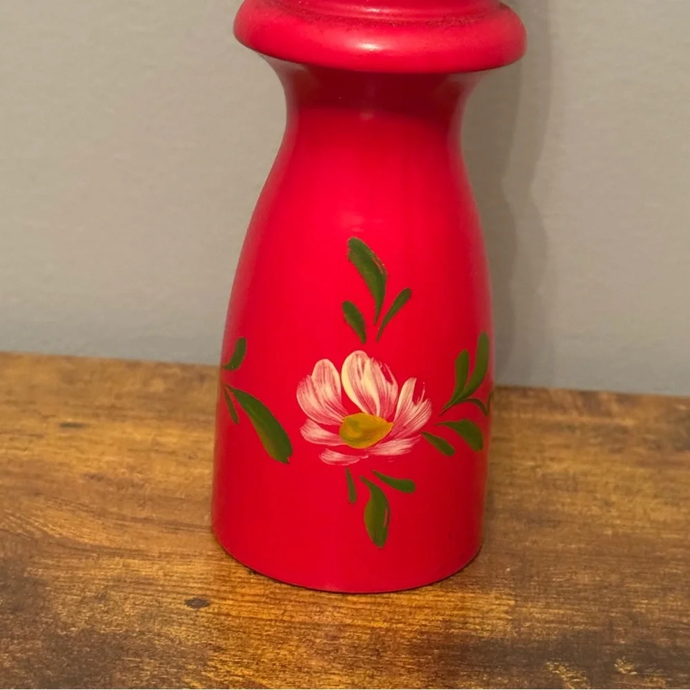 Vintage Tall Hand Painted Red Wooden‎ Pepper Mill Floral Folk Art Grinder